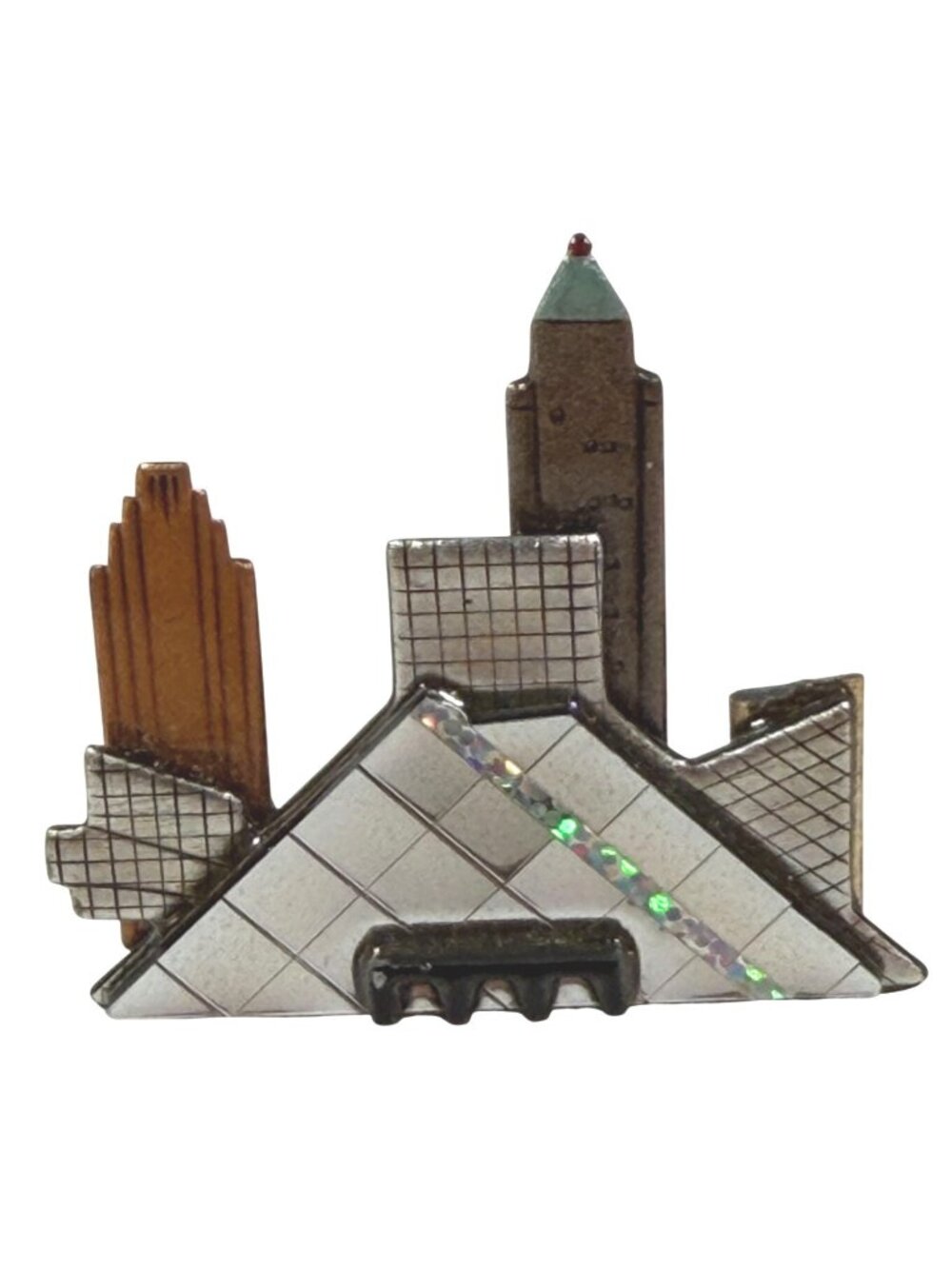 City Skyline Brooch Pin With Metallic & Wood Accents Signed KG Vintage Collectib